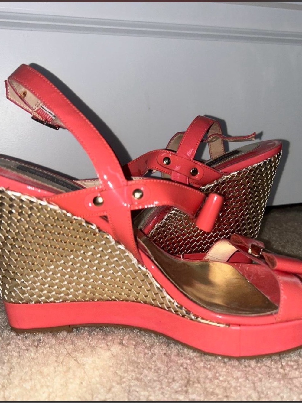 Coral Wedge Sandals with Gold Braided Wedge